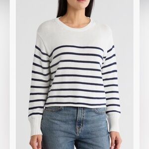 Vigoss White Crewneck Sweater with Navy Stripes